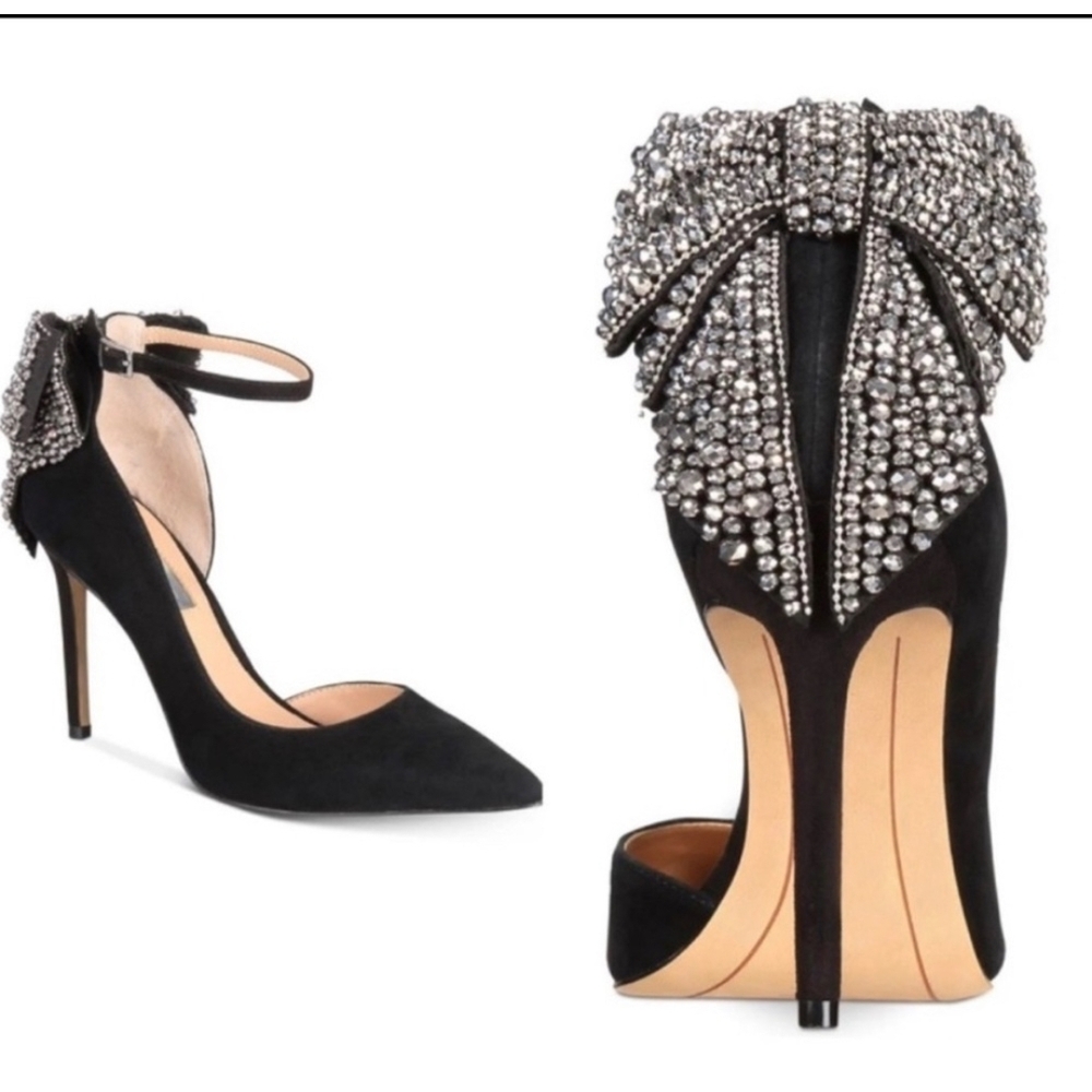 INC International Concepts Black and Silver Embellished Heels with Bow Sz 10.5